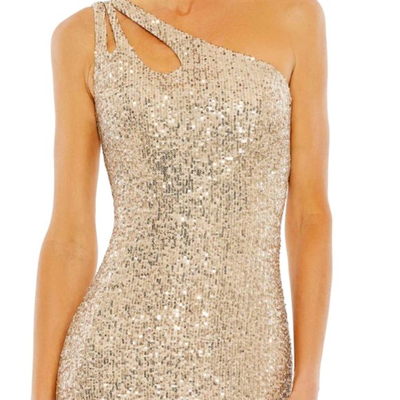 MAC DUGGAL 42029 ONE SHOULDER STRAPPY CUTOUTS COLUMN GOLD GOWN sz 2 - Picture 3 of 6